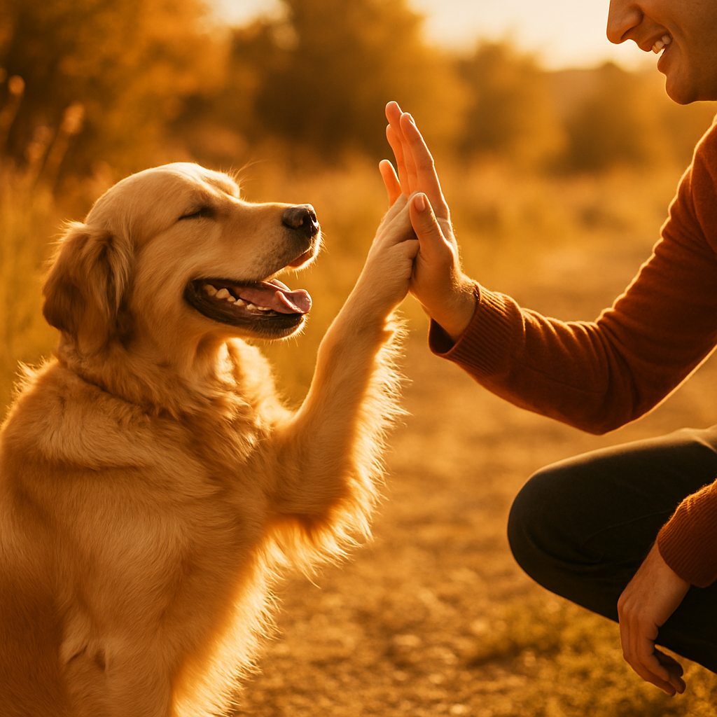 A dog and person sharing a joyful high-five outdoors